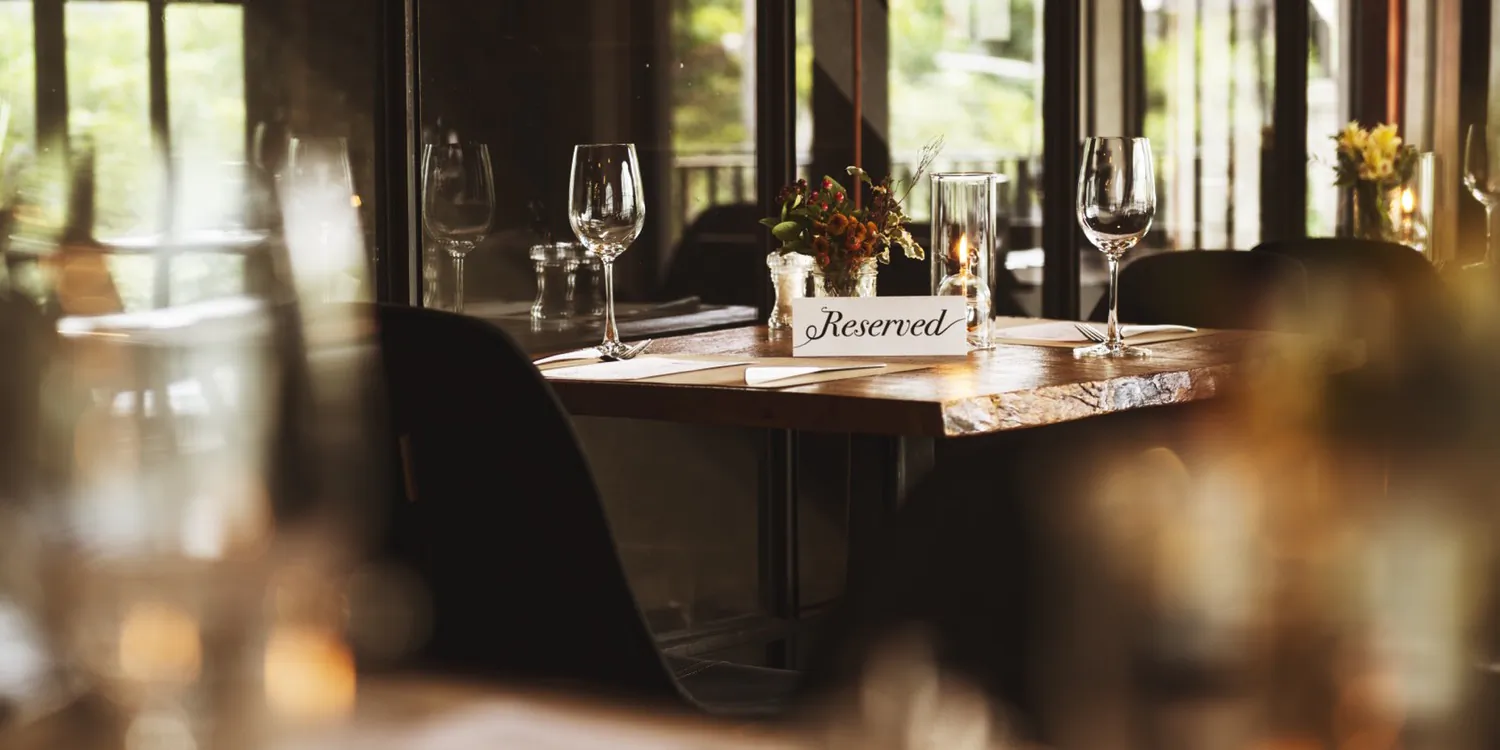 A newly opened restaurant dining room in the early evening